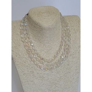 VINTAGE TRIPLE STRAND CLEAR AB GRADUATED FACETED CRYSTAL BEADED NECKLACE